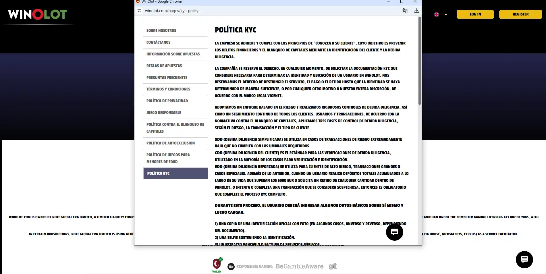 Vista de una pantalla de verificación o cuenta de Winolot sin datos personales