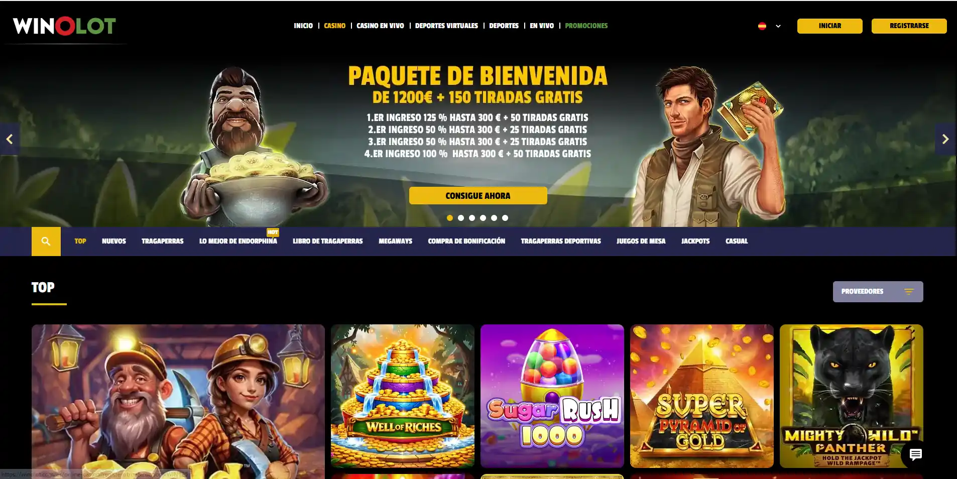 Vista del lobby de juegos de Winolot con varias categorías y proveedores visibles