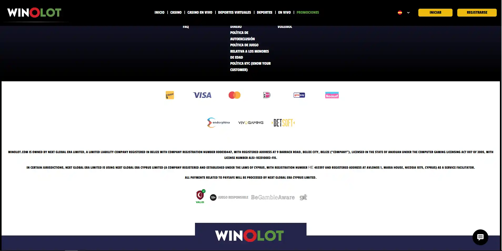 Vista del cajero o sección de pagos de Winolot