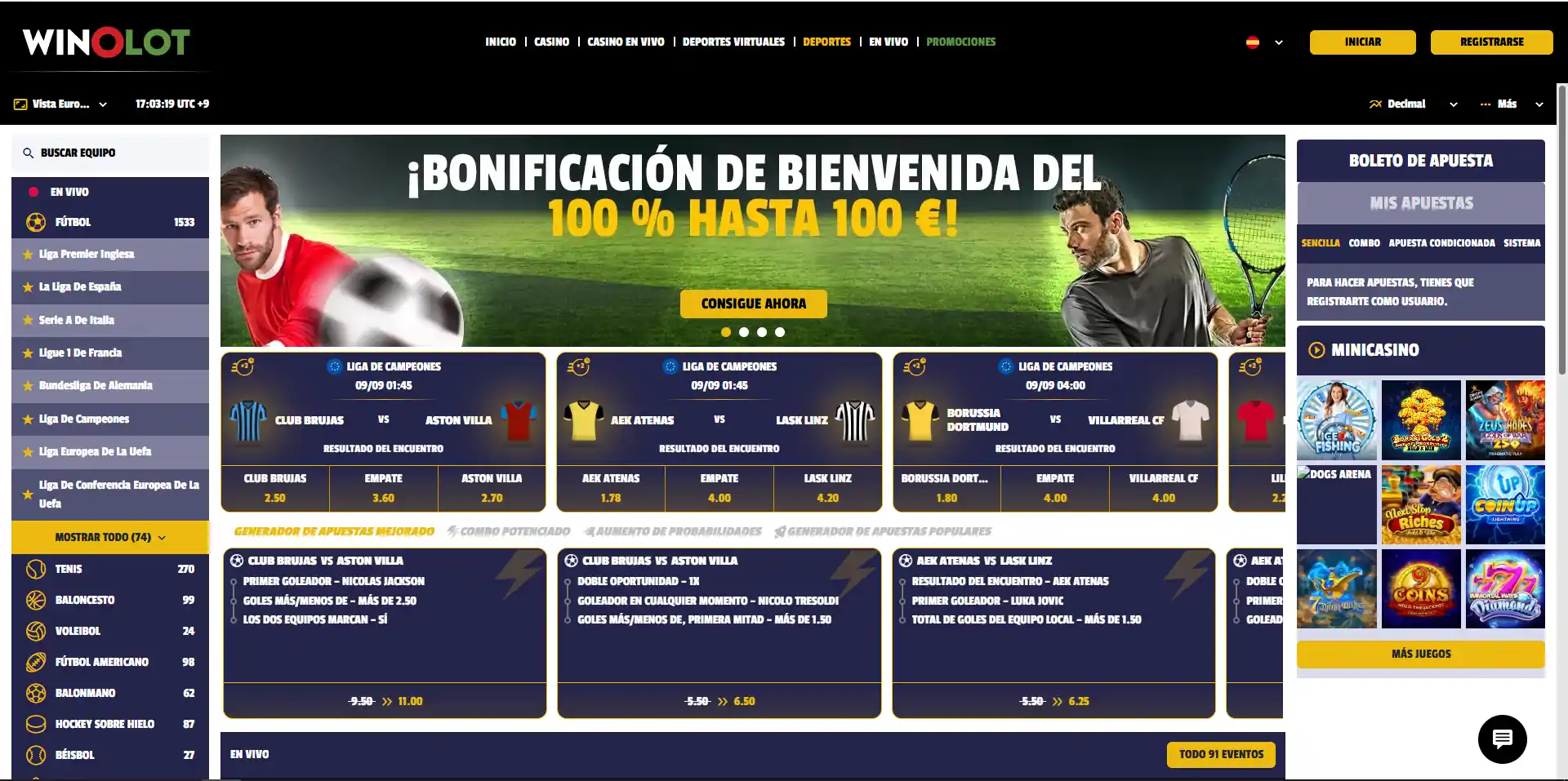 Interfaz real de la sección de apuestas deportivas de Winolot