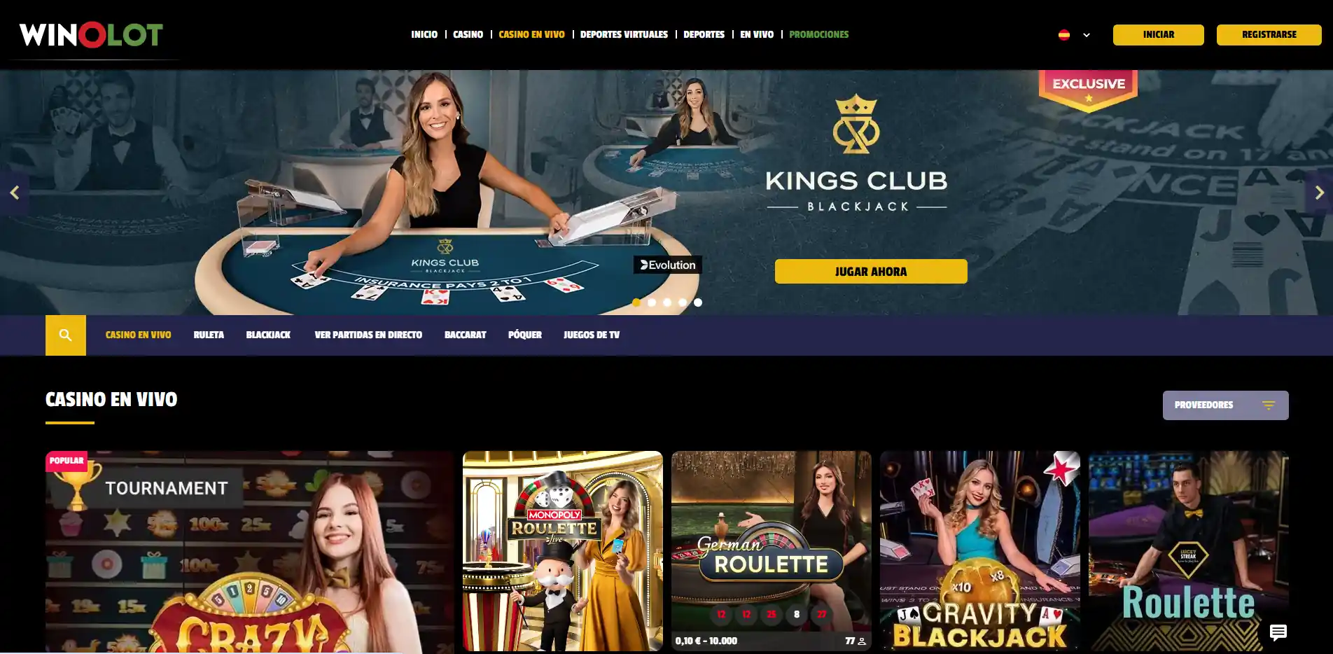 Vista del lobby de casino en vivo de Winolot con mesas y navegación visibles